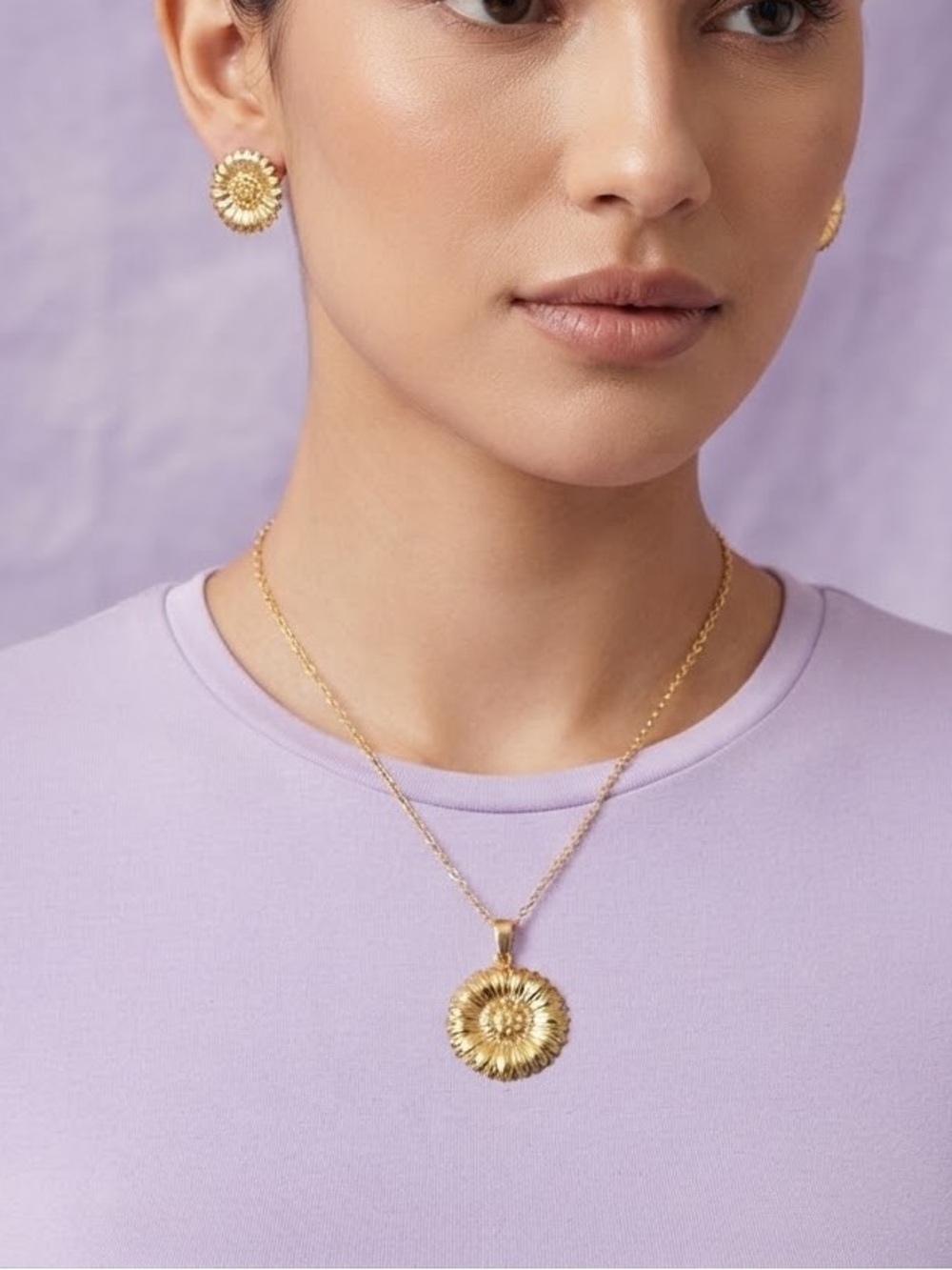 Gold Sunburst Pendant Necklace and Stud Earrings stainless Steel